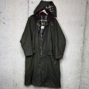 Vintage Barbour Burghley dark green Long Waxed Jacket Coat Corduroy Olive